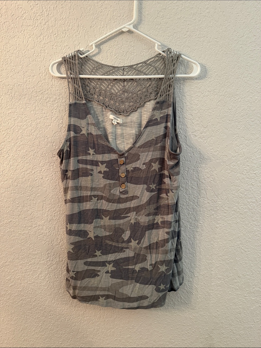 Maurices Gray Camo Tank with Crochet Yoke